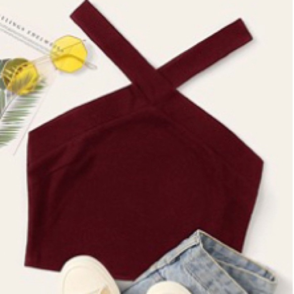 Solid Rib-Knit Criss Cross halter Top